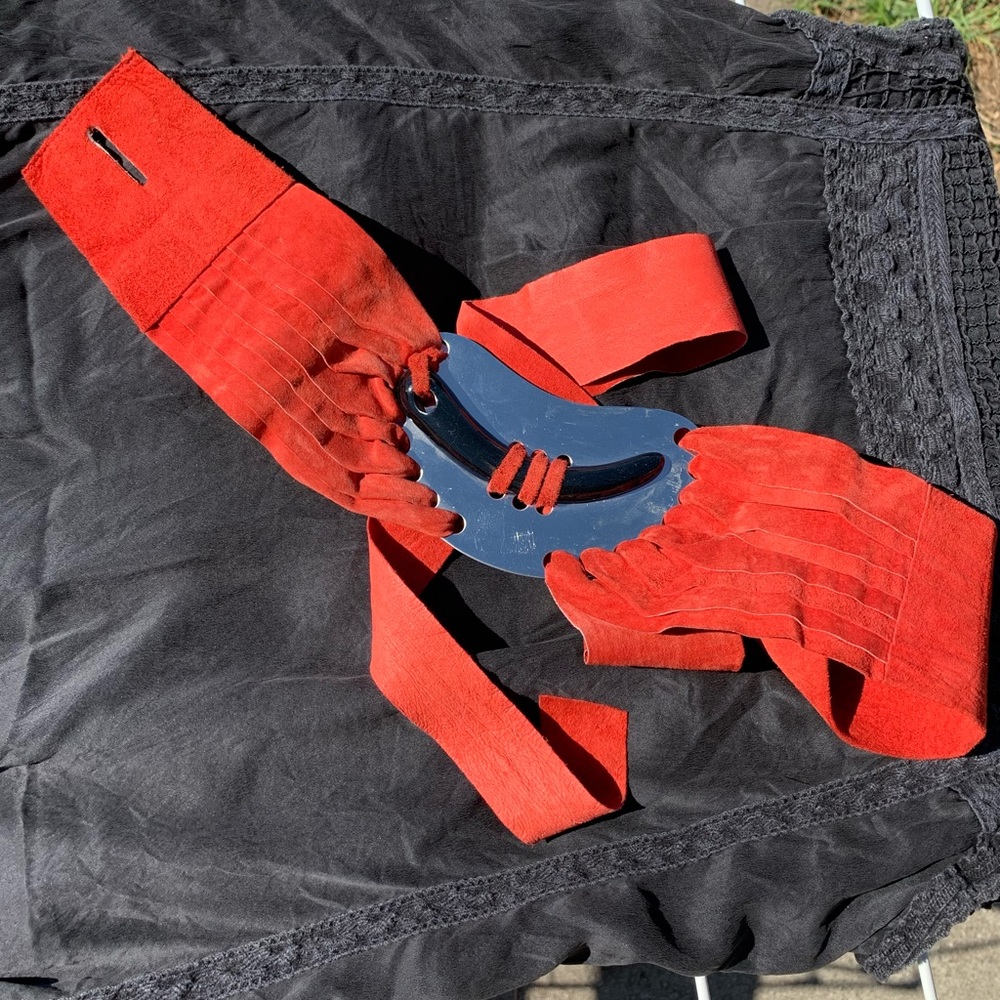 Vintage handmade suede tie belt with metal buckle